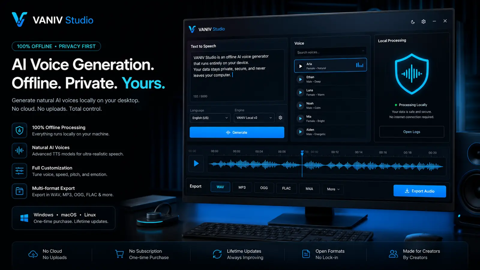 VANIV local AI voice generator as a Descript alternative for voice workflows.