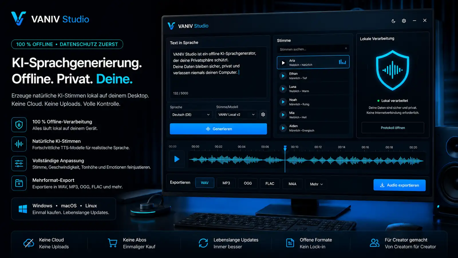 VANIV lokaler KI Stimme Generator als Descript Alternative für Voice Workflows.