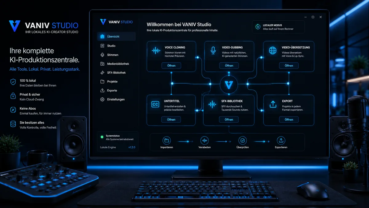 VANIV Studio Dashboard auf einem Desktop-Arbeitsplatz mit lokalen KI-Modulen für Voice Cloning, Video-Dubbing, Video-Übersetzung, Untertitel, SFX und Export.