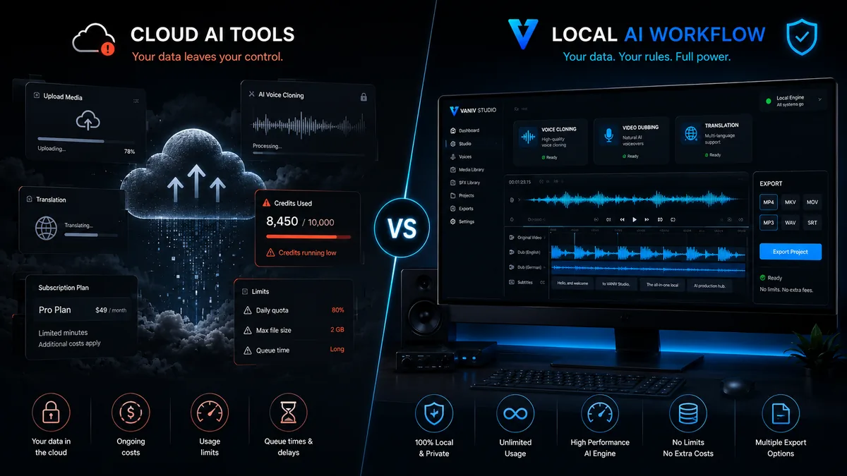 Comparación visual entre VANIV Studio local-first y herramientas cloud para voz IA, doblaje y workflows de creadores