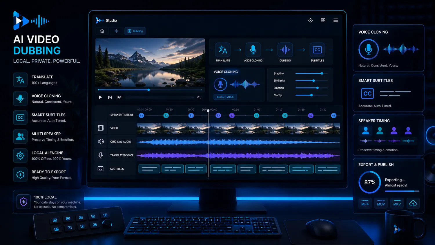VANIV local video dubbing dashboard as a Descript alternative for creators.