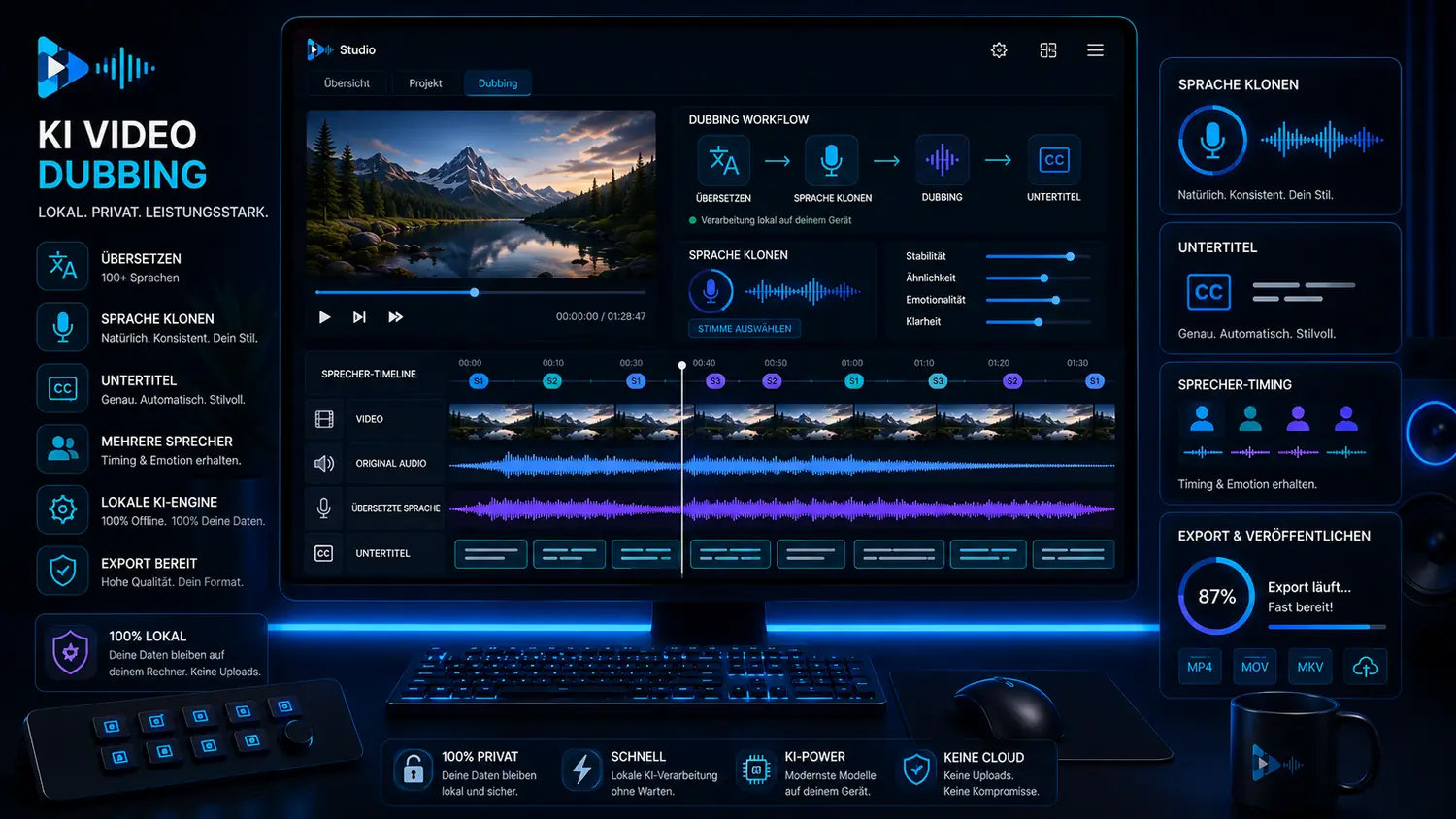 VANIV lokales Video Dubbing Dashboard als Descript Alternative für Creator.