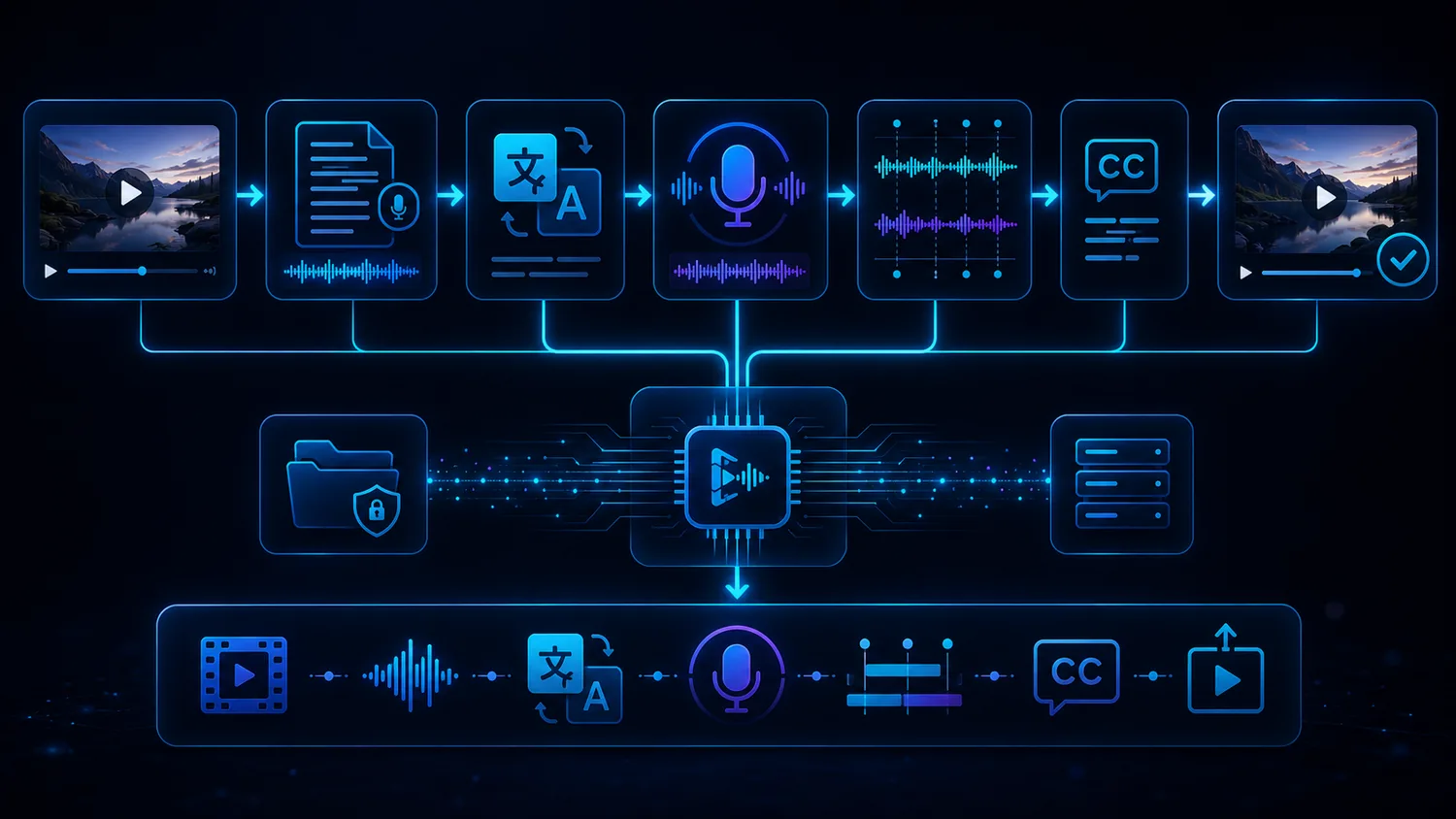 Lokaler KI Video-Dubbing Workflow mit Originalvideo, Transkript, Übersetzung, Voice Cloning, Timing, Untertiteln und Export.