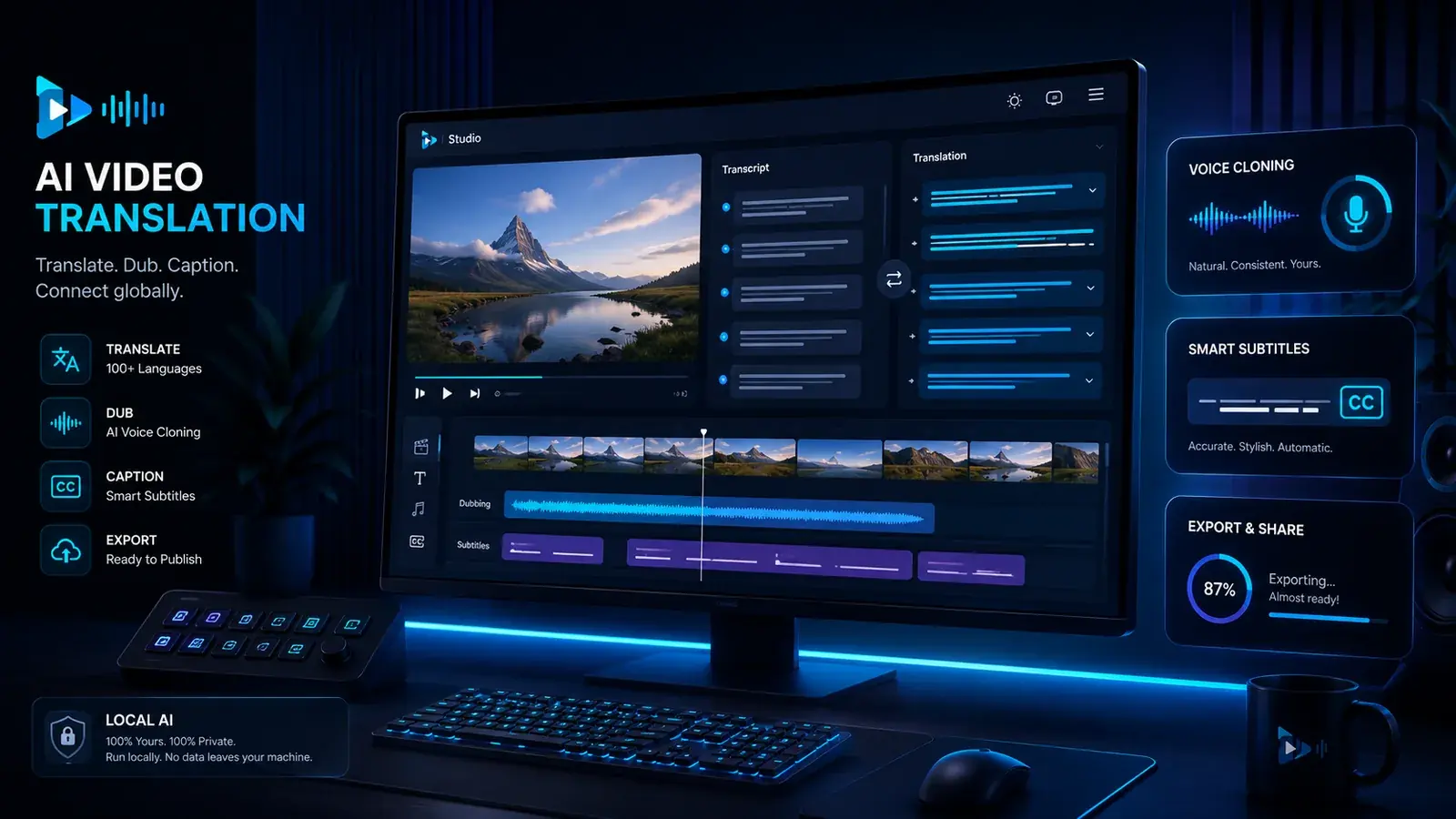 Panel de VANIV Studio para traducción de vídeo con IA con transcripción, traducción, clonación de voz, subtítulos, doblaje y exportación local