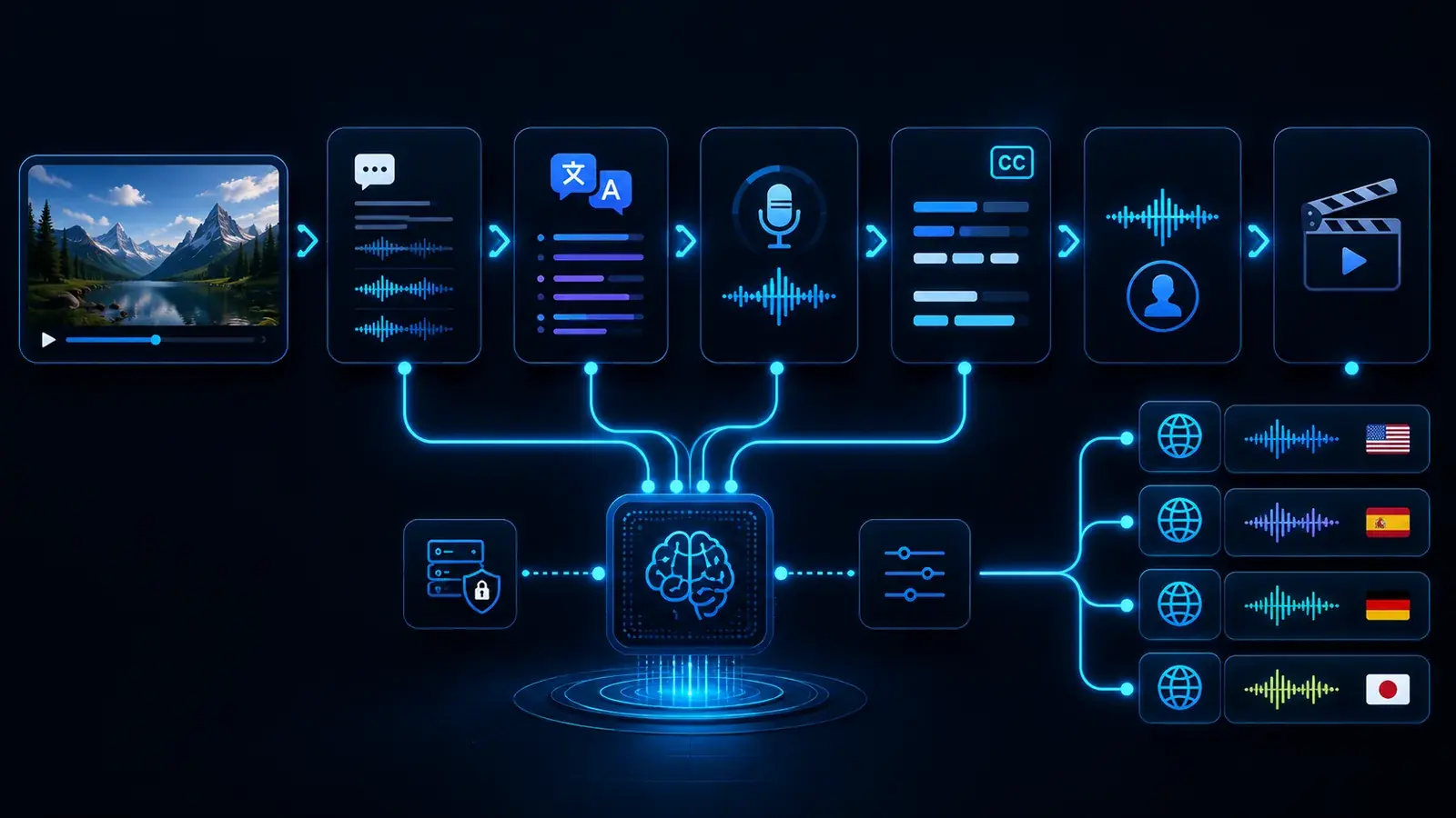 Lokaler KI Video Übersetzungsworkflow mit Videoimport, Transkription, Übersetzung, Voice Cloning, Untertiteln, Dubbing, Export und mehrsprachigen Versionen.