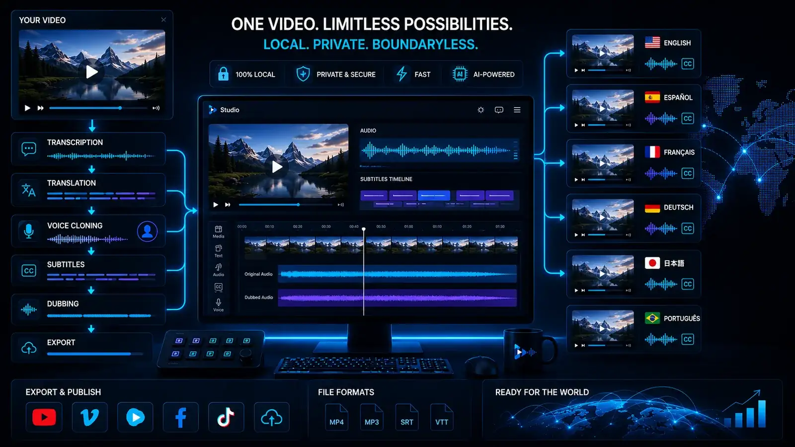 One video is translated, dubbed, subtitled and exported into multiple language versions with VANIV Studio for international creator reach.