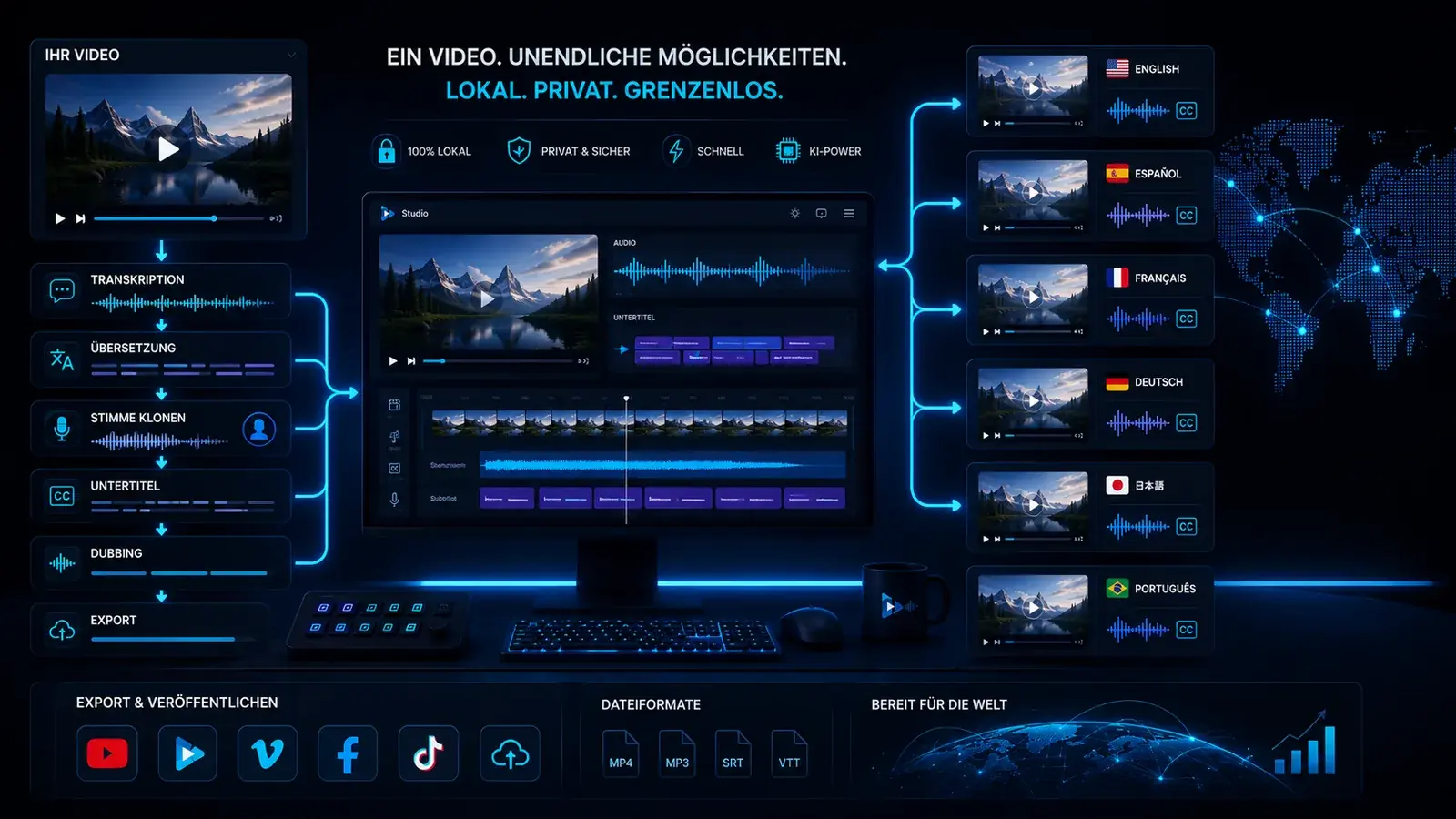 Ein Video wird mit VANIV Studio lokal in mehrere Sprachversionen übersetzt, vertont, untertitelt und für internationale Plattformen exportiert.