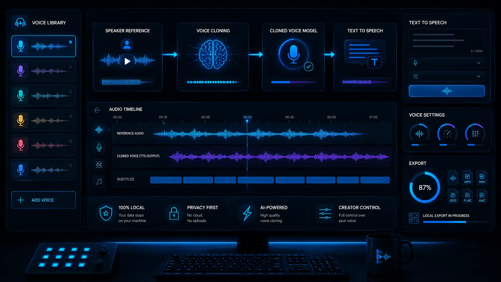 VANIV Studio Oberfläche für lokales Voice Cloning mit Stimmprofilen, Sprecherreferenz, Audio-Timeline, Text-to-Speech und lokalem Export.
