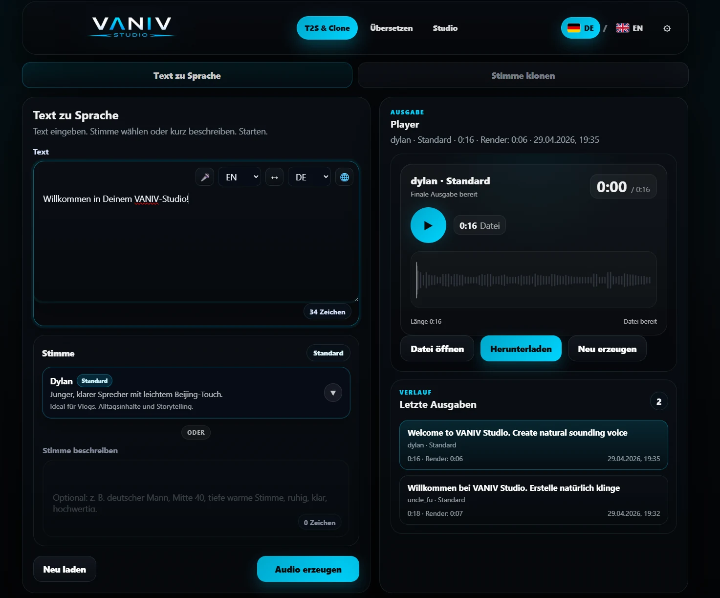 VANIV Studio Dashboard: lokale KI-Workflows für Voice Cloning, Video-Dubbing und Export.