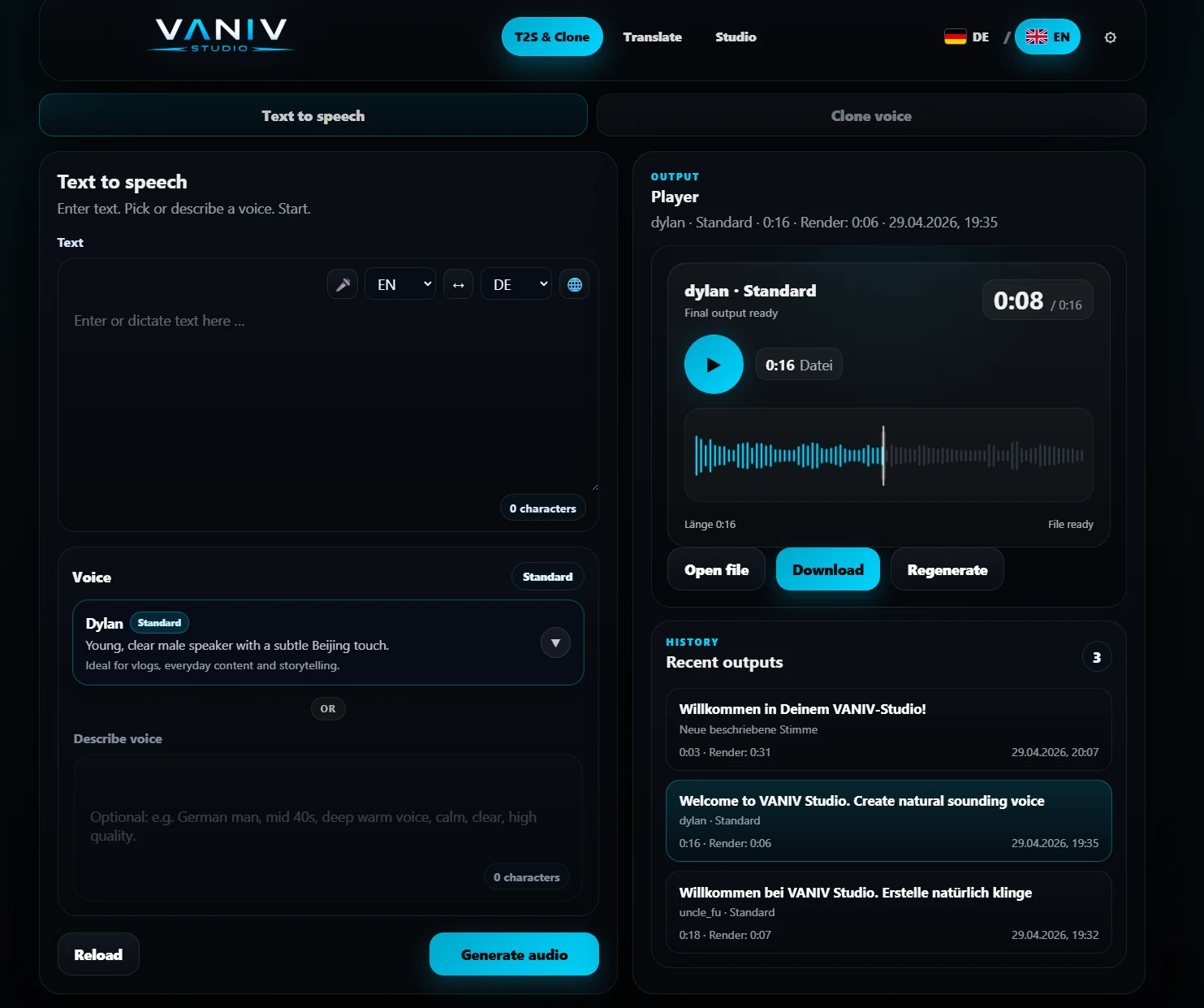 VANIV Studio dashboard: local AI workflows for voice cloning, video dubbing and export.
